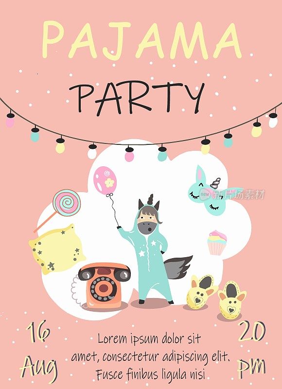 Invitation template for pajama party, unicorn in pajamas, surrounded by pajama party attributes, slippers, telephone, pillow, lollipop, air balloon, sleep mask, garland, vector, invitation, postcard.